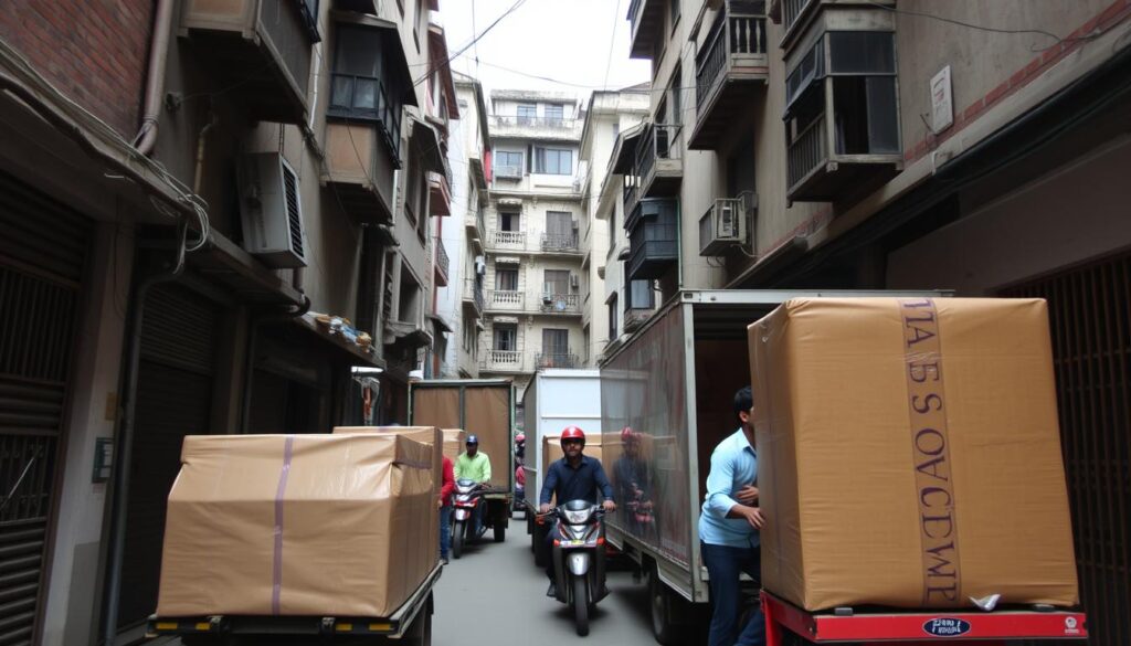 Home 11 Experienced movers handling relocation in a narrow Kolkata lane